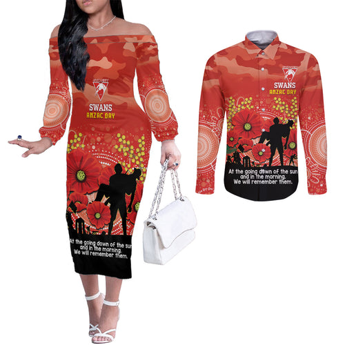 Custom Swans Football ANZAC Couples Matching Off The Shoulder Long Sleeve Dress and Long Sleeve Button Shirt Gallipoli Camouflage With Poppies