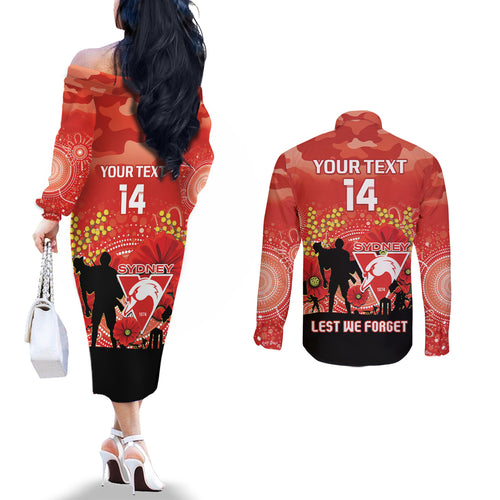 Custom Swans Football ANZAC Couples Matching Off The Shoulder Long Sleeve Dress and Long Sleeve Button Shirt Gallipoli Camouflage With Poppies