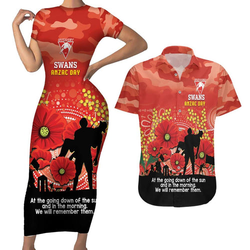 Custom Swans Football ANZAC Couples Matching Short Sleeve Bodycon Dress and Hawaiian Shirt Gallipoli Camouflage With Poppies