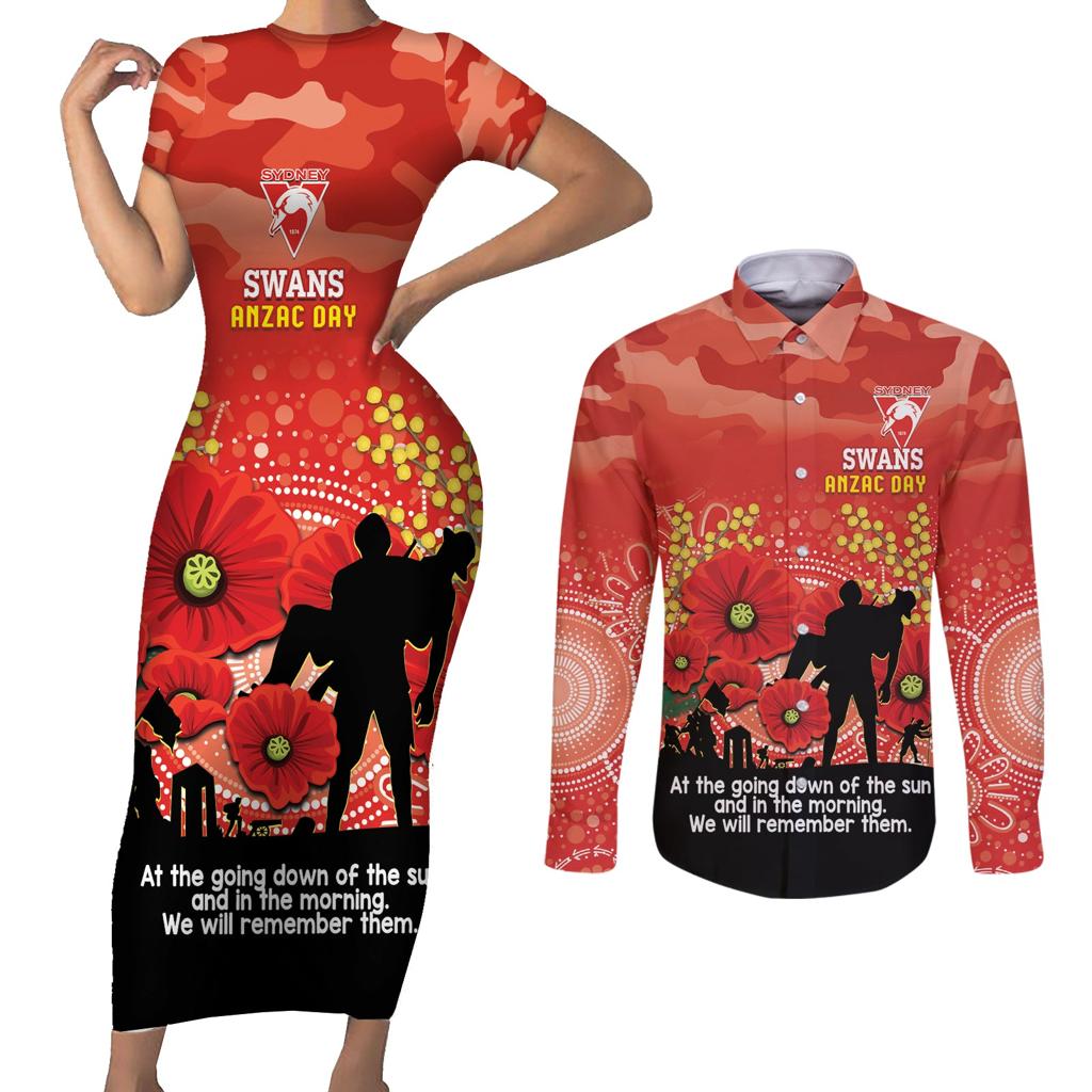 Custom Swans Football ANZAC Couples Matching Short Sleeve Bodycon Dress and Long Sleeve Button Shirt Gallipoli Camouflage With Poppies