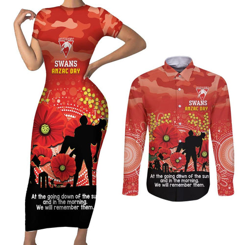 Custom Swans Football ANZAC Couples Matching Short Sleeve Bodycon Dress and Long Sleeve Button Shirt Gallipoli Camouflage With Poppies