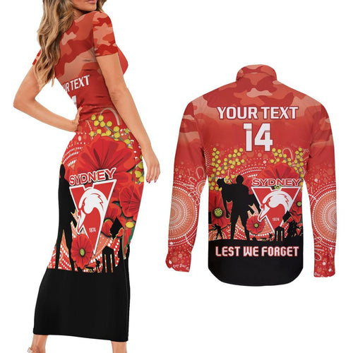 Custom Swans Football ANZAC Couples Matching Short Sleeve Bodycon Dress and Long Sleeve Button Shirt Gallipoli Camouflage With Poppies