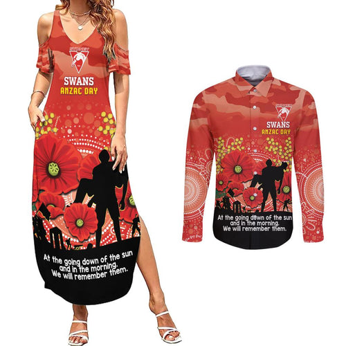 Custom Swans Football ANZAC Couples Matching Summer Maxi Dress and Long Sleeve Button Shirt Gallipoli Camouflage With Poppies