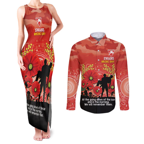 Custom Swans Football ANZAC Couples Matching Tank Maxi Dress and Long Sleeve Button Shirt Gallipoli Camouflage With Poppies