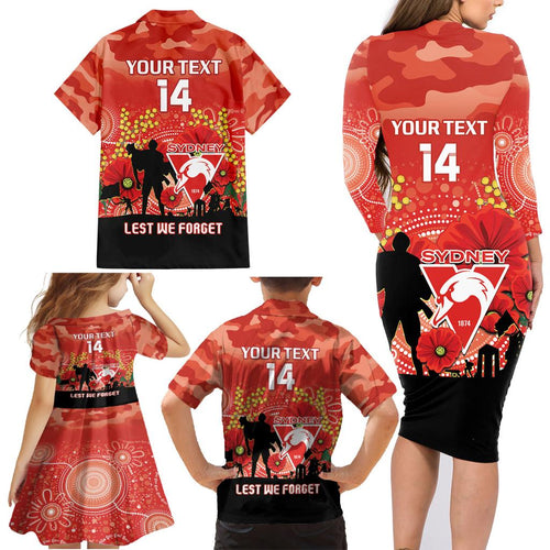 Custom Swans Football ANZAC Family Matching Long Sleeve Bodycon Dress and Hawaiian Shirt Gallipoli Camouflage With Poppies