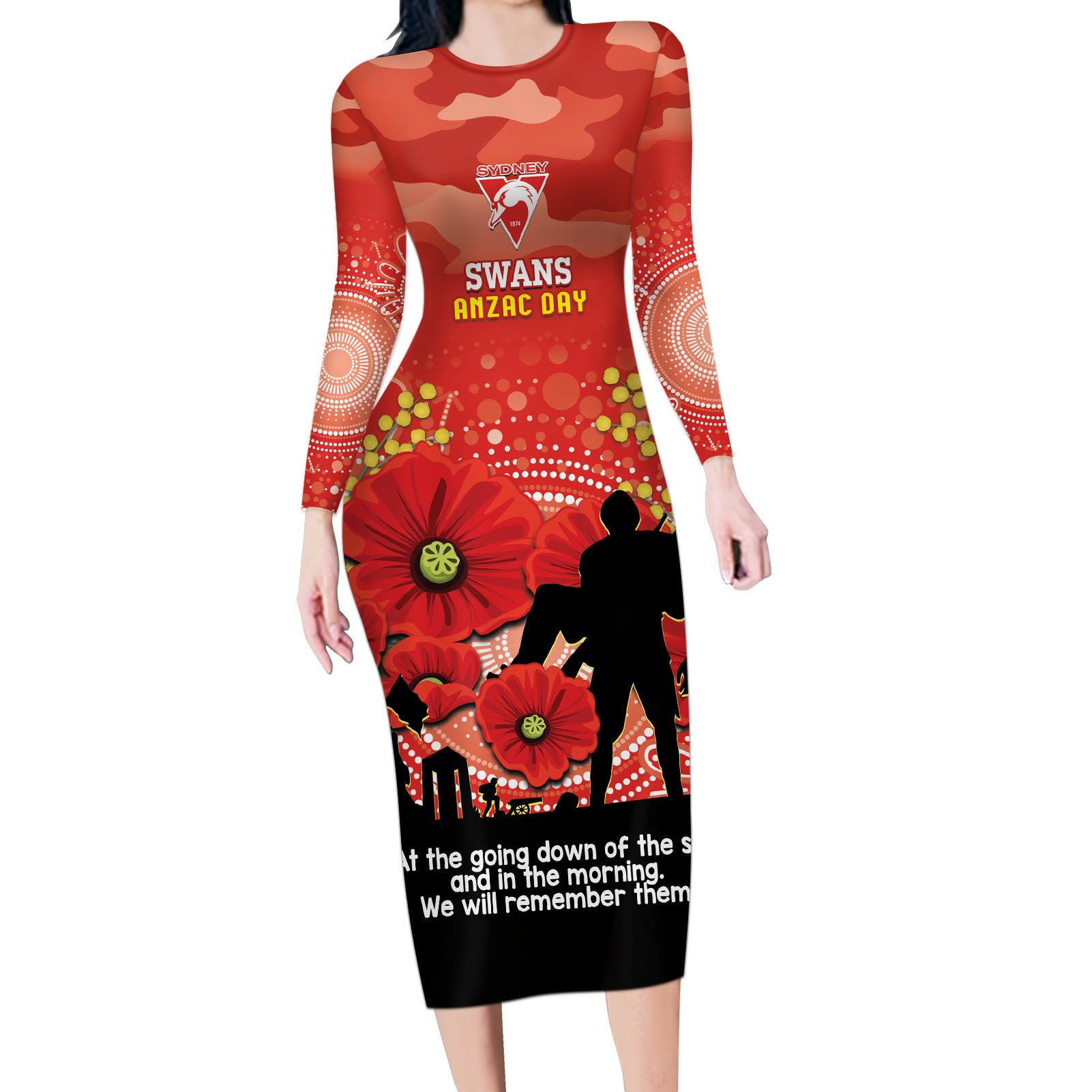 Custom Swans Football ANZAC Long Sleeve Bodycon Dress Gallipoli Camouflage With Poppies
