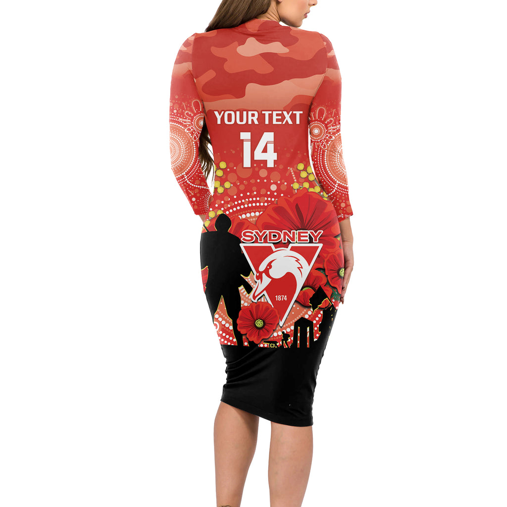 Custom Swans Football ANZAC Long Sleeve Bodycon Dress Gallipoli Camouflage With Poppies
