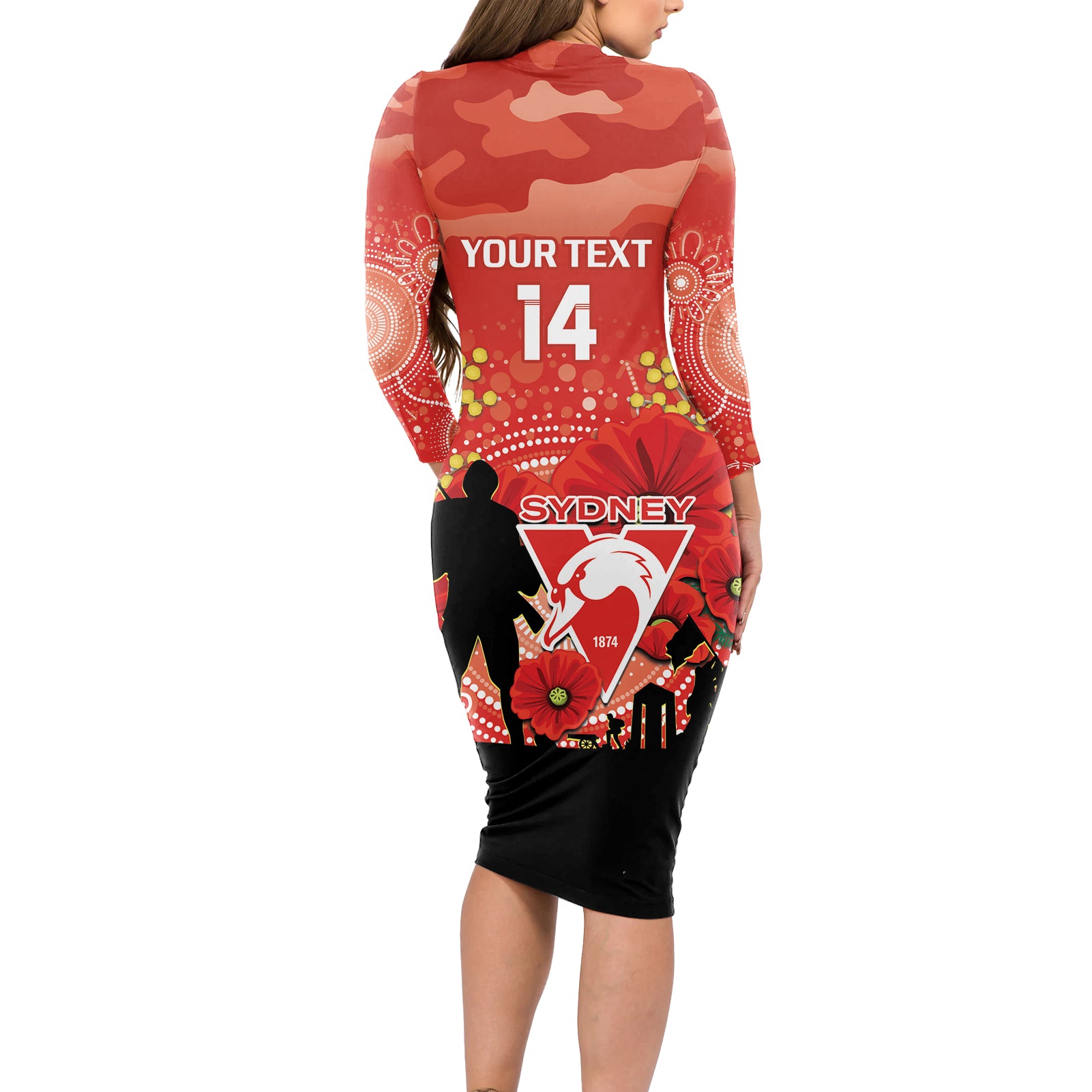 Custom Swans Football ANZAC Long Sleeve Bodycon Dress Gallipoli Camouflage With Poppies