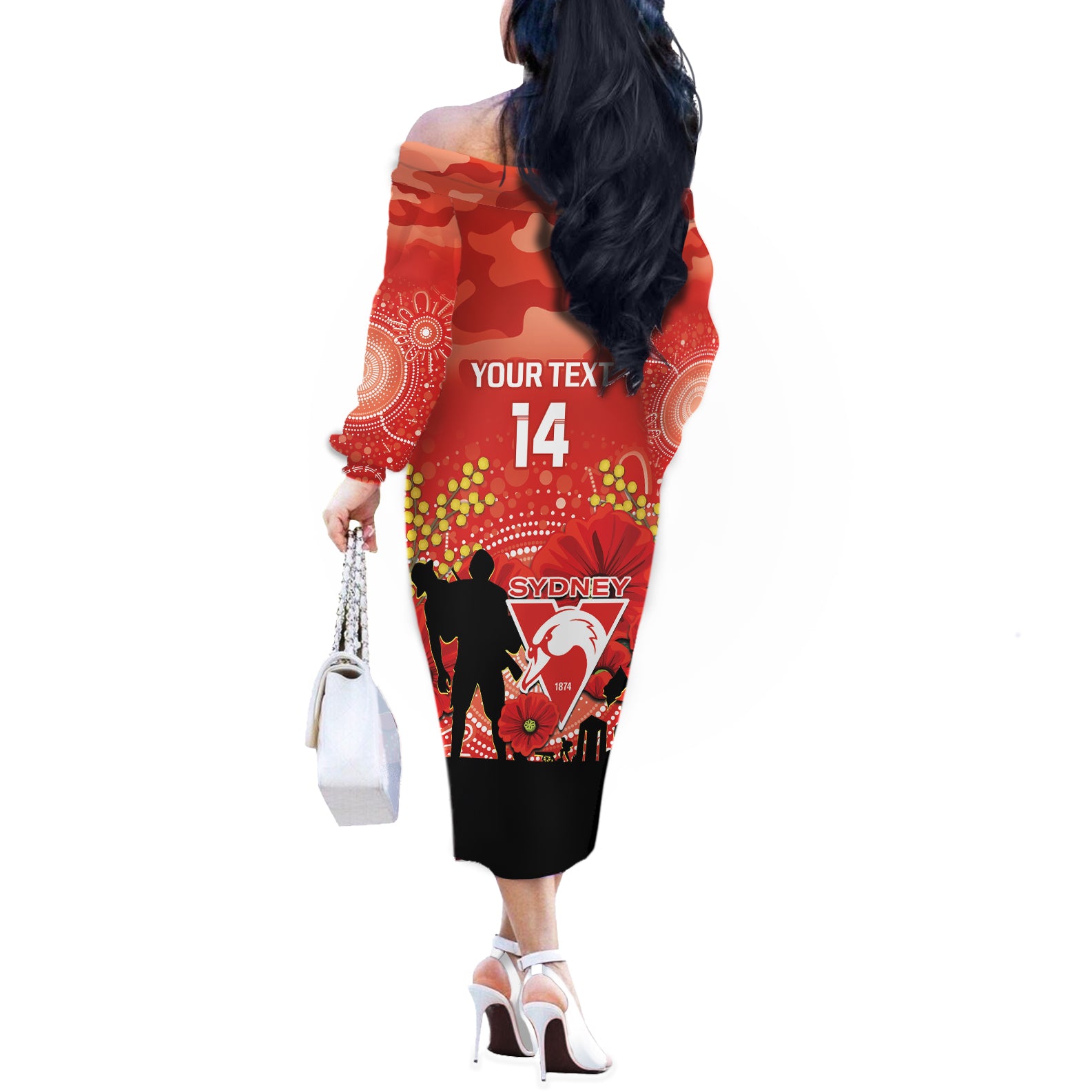 Custom Swans Football ANZAC Off The Shoulder Long Sleeve Dress Gallipoli Camouflage With Poppies