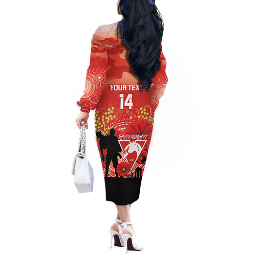 Custom Swans Football ANZAC Off The Shoulder Long Sleeve Dress Gallipoli Camouflage With Poppies