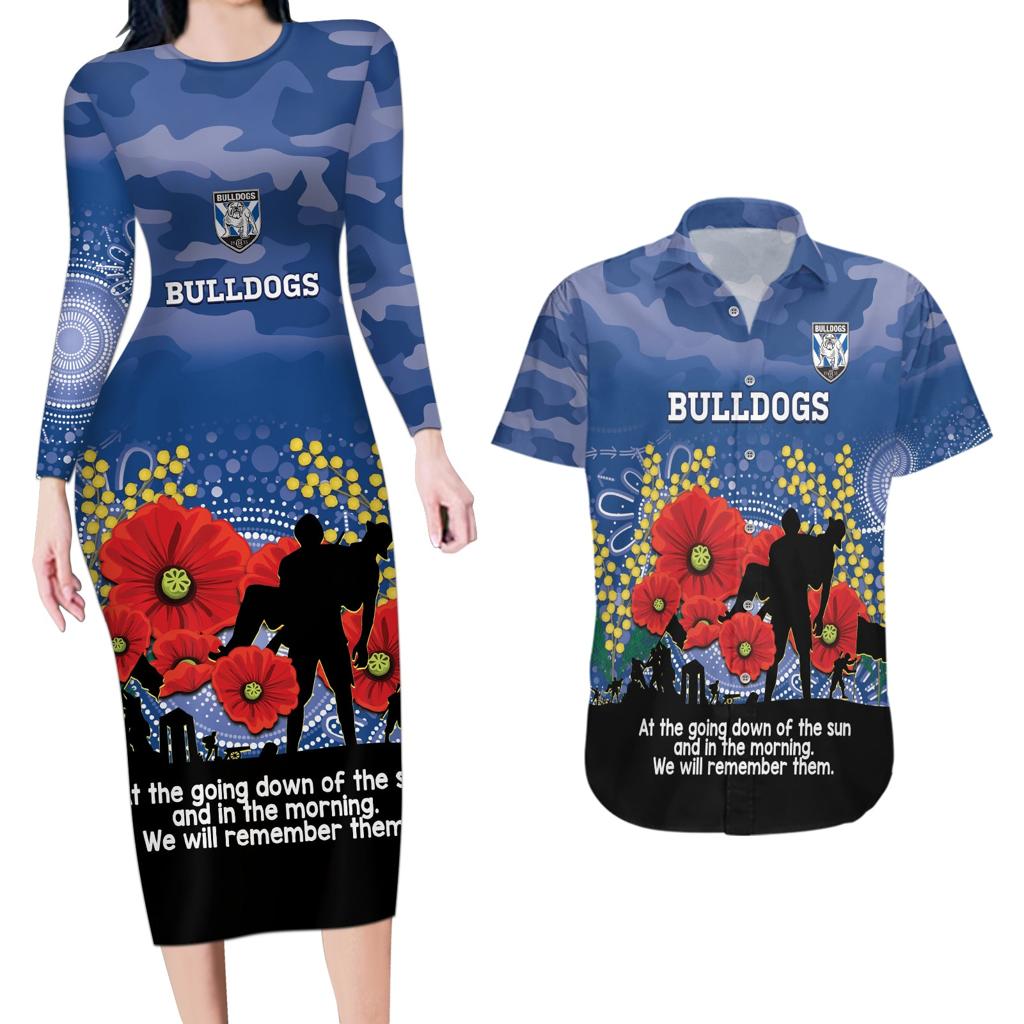 Custom Bulldogs Football ANZAC Couples Matching Long Sleeve Bodycon Dress and Hawaiian Shirt Gallipoli Camouflage With Poppies