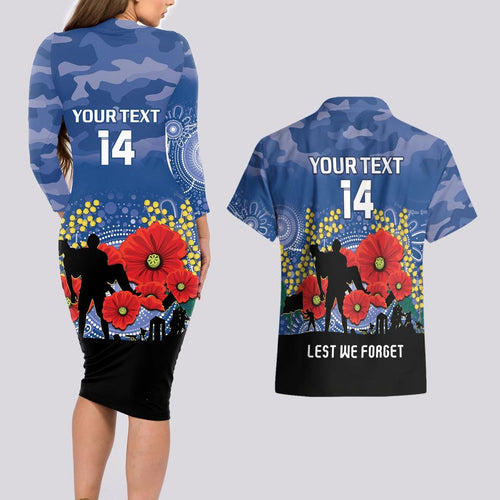 Custom Bulldogs Football ANZAC Couples Matching Long Sleeve Bodycon Dress and Hawaiian Shirt Gallipoli Camouflage With Poppies