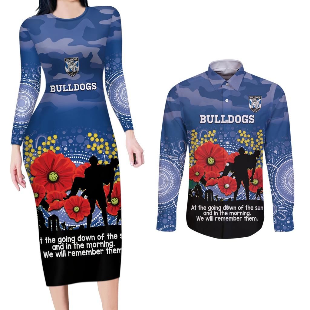 Custom Bulldogs Football ANZAC Couples Matching Long Sleeve Bodycon Dress and Long Sleeve Button Shirt Gallipoli Camouflage With Poppies