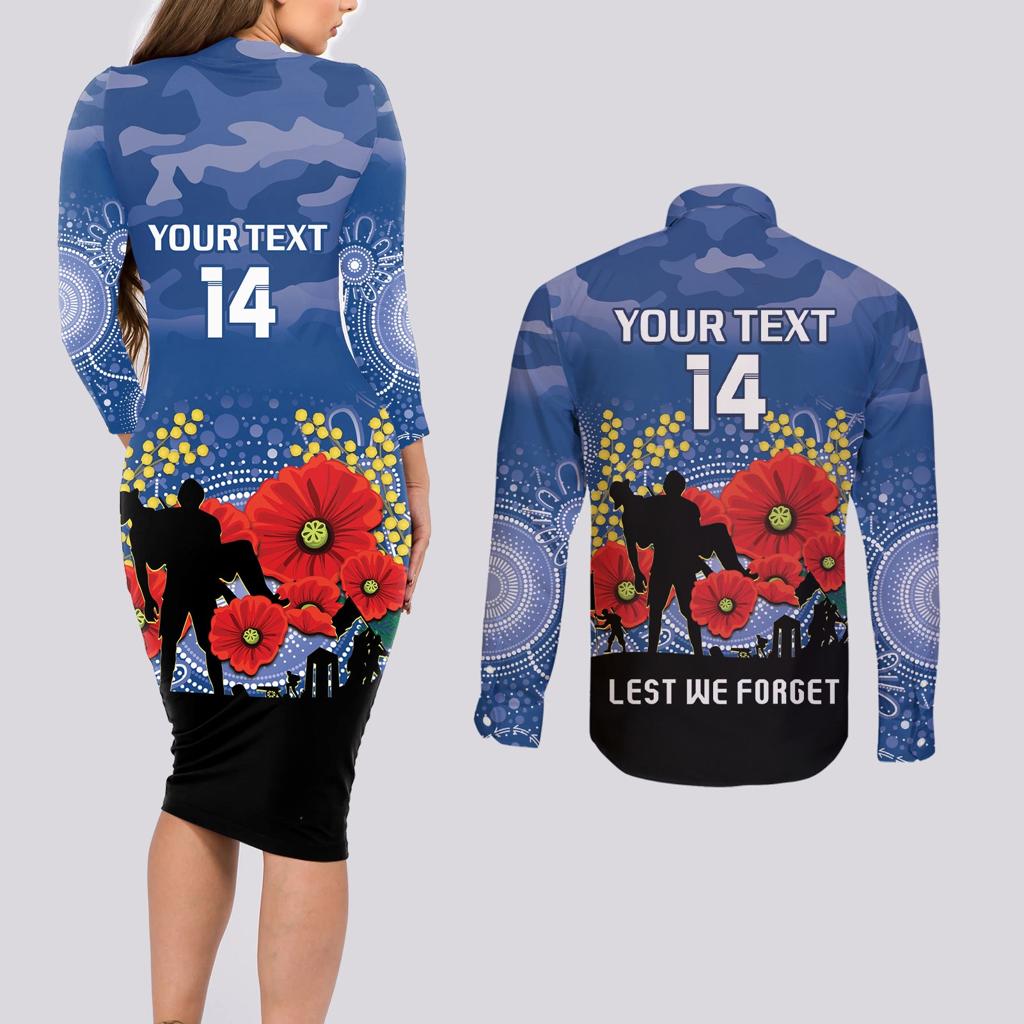 Custom Bulldogs Football ANZAC Couples Matching Long Sleeve Bodycon Dress and Long Sleeve Button Shirt Gallipoli Camouflage With Poppies