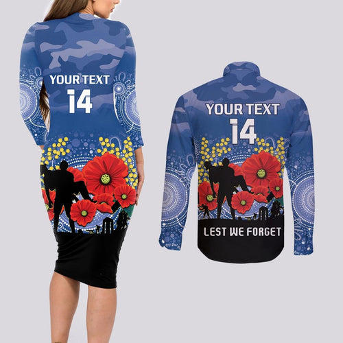 Custom Bulldogs Football ANZAC Couples Matching Long Sleeve Bodycon Dress and Long Sleeve Button Shirt Gallipoli Camouflage With Poppies