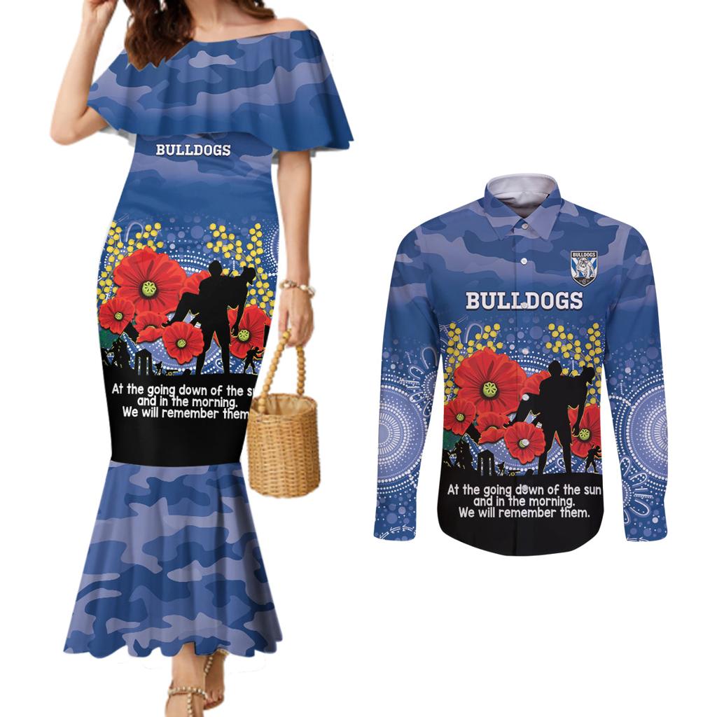 Custom Bulldogs Football ANZAC Couples Matching Mermaid Dress and Long Sleeve Button Shirt Gallipoli Camouflage With Poppies
