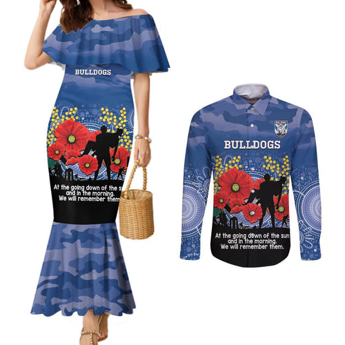 Custom Bulldogs Football ANZAC Couples Matching Mermaid Dress and Long Sleeve Button Shirt Gallipoli Camouflage With Poppies