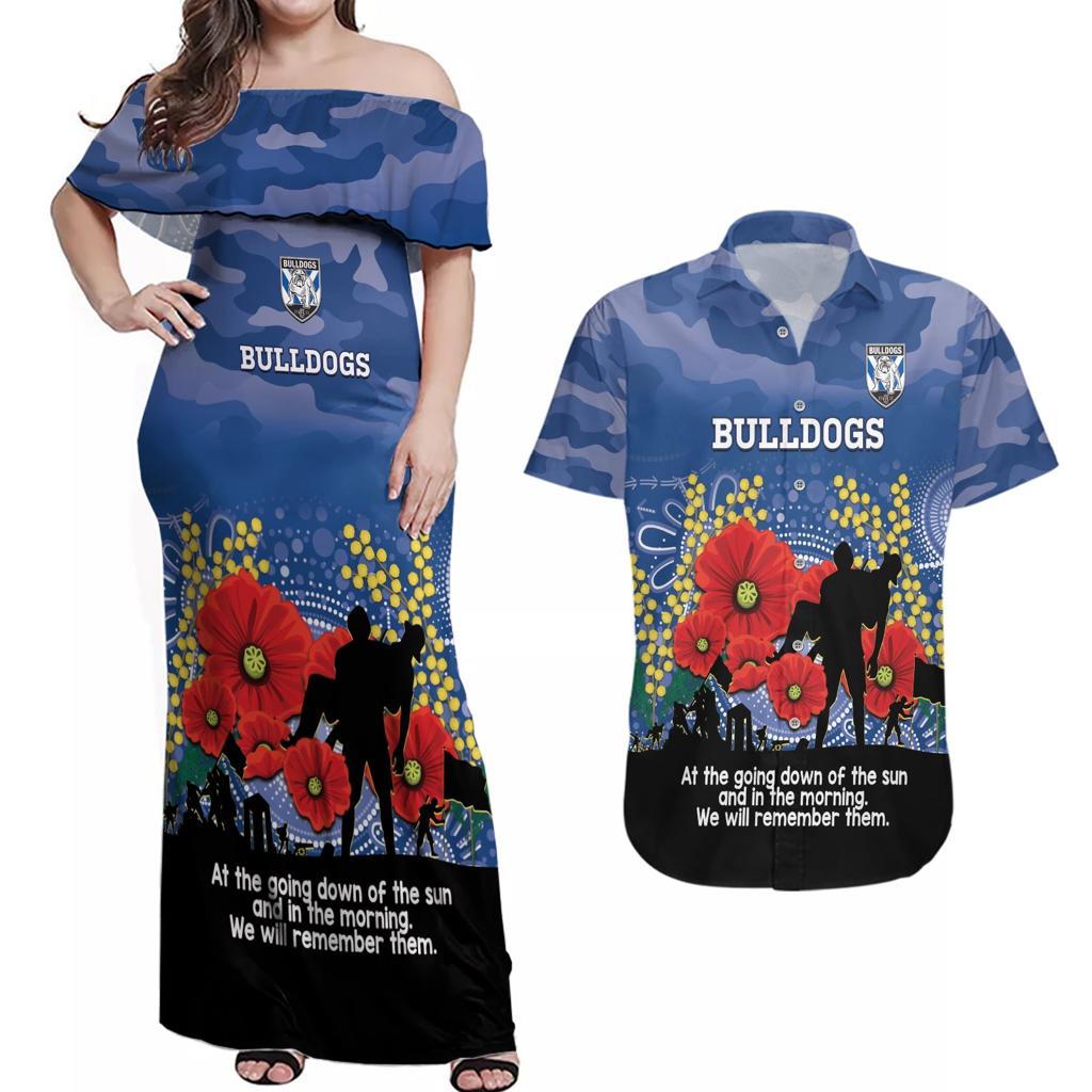 Custom Bulldogs Football ANZAC Couples Matching Off Shoulder Maxi Dress and Hawaiian Shirt Gallipoli Camouflage With Poppies