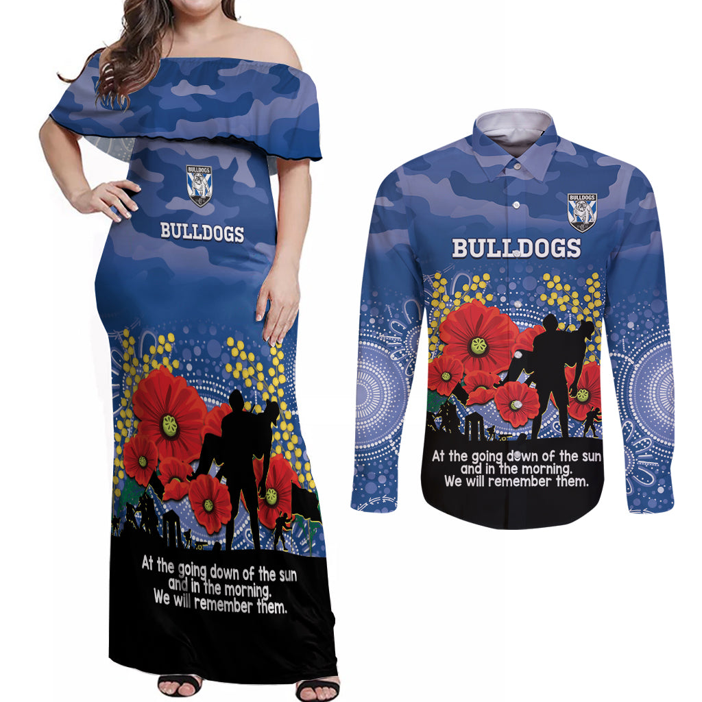 Custom Bulldogs Football ANZAC Couples Matching Off Shoulder Maxi Dress and Long Sleeve Button Shirt Gallipoli Camouflage With Poppies