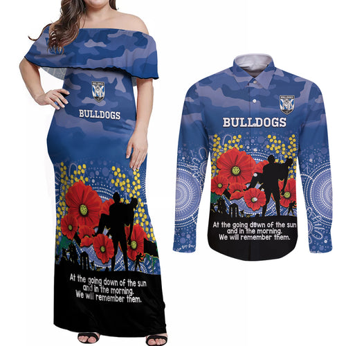 Custom Bulldogs Football ANZAC Couples Matching Off Shoulder Maxi Dress and Long Sleeve Button Shirt Gallipoli Camouflage With Poppies