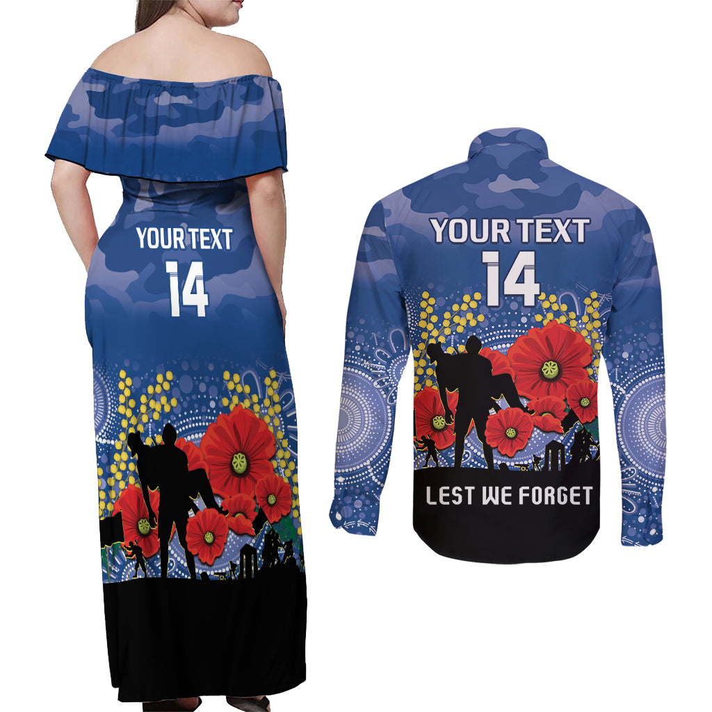 Custom Bulldogs Football ANZAC Couples Matching Off Shoulder Maxi Dress and Long Sleeve Button Shirt Gallipoli Camouflage With Poppies