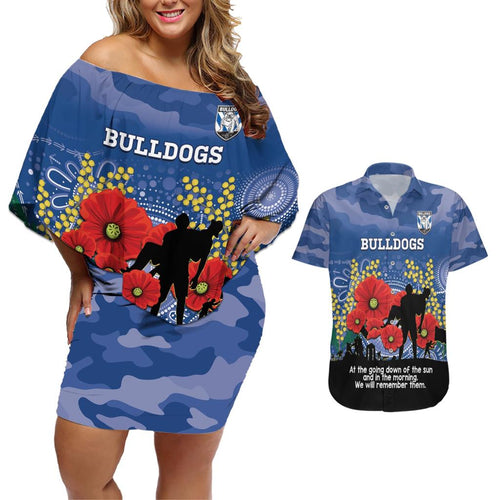 Custom Bulldogs Football ANZAC Couples Matching Off Shoulder Short Dress and Hawaiian Shirt Gallipoli Camouflage With Poppies