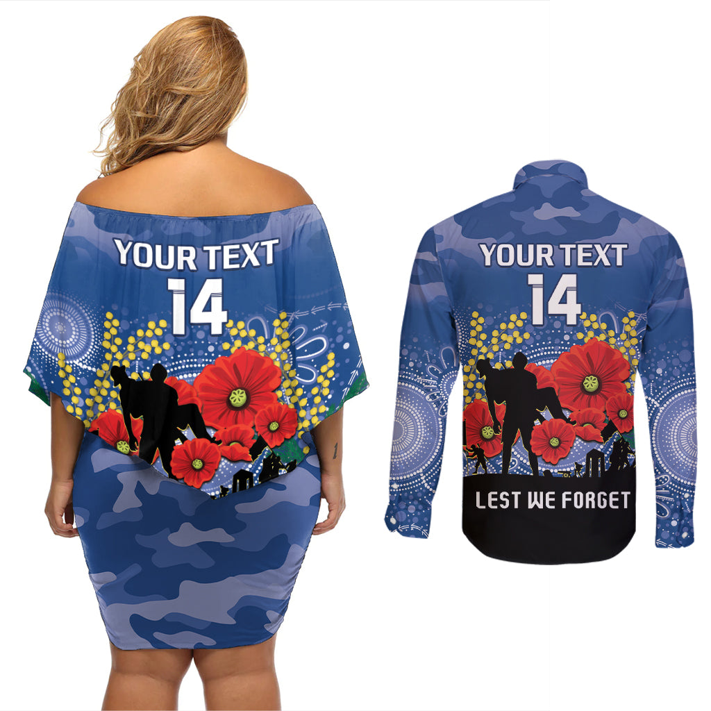 Custom Bulldogs Football ANZAC Couples Matching Off Shoulder Short Dress and Long Sleeve Button Shirt Gallipoli Camouflage With Poppies