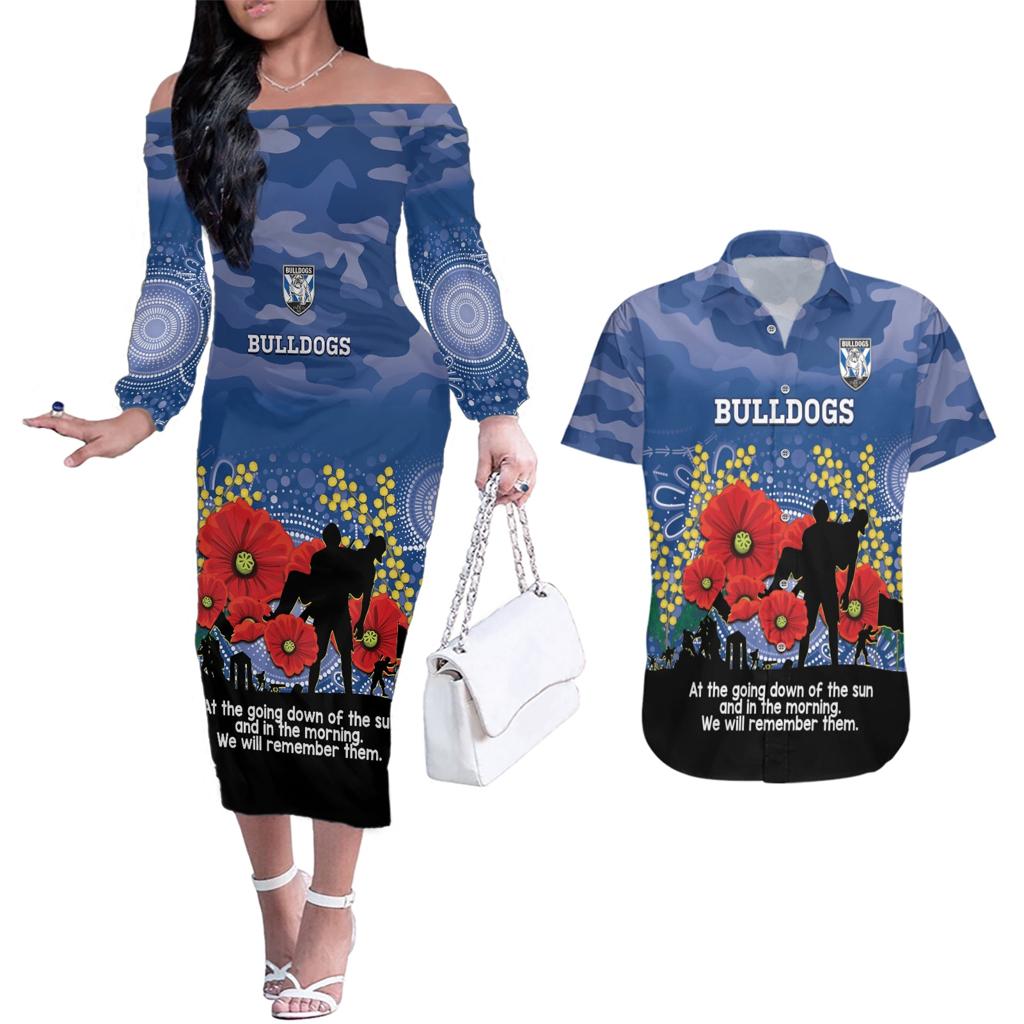 Custom Bulldogs Football ANZAC Couples Matching Off The Shoulder Long Sleeve Dress and Hawaiian Shirt Gallipoli Camouflage With Poppies