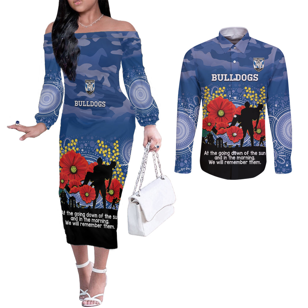 Custom Bulldogs Football ANZAC Couples Matching Off The Shoulder Long Sleeve Dress and Long Sleeve Button Shirt Gallipoli Camouflage With Poppies