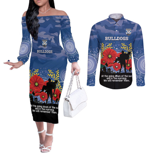 Custom Bulldogs Football ANZAC Couples Matching Off The Shoulder Long Sleeve Dress and Long Sleeve Button Shirt Gallipoli Camouflage With Poppies