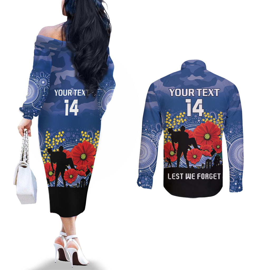 Custom Bulldogs Football ANZAC Couples Matching Off The Shoulder Long Sleeve Dress and Long Sleeve Button Shirt Gallipoli Camouflage With Poppies