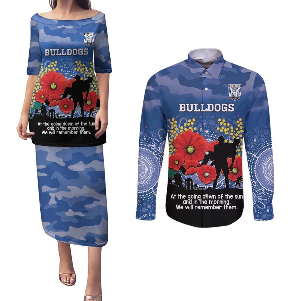Custom Bulldogs Football ANZAC Couples Matching Puletasi and Long Sleeve Button Shirt Gallipoli Camouflage With Poppies