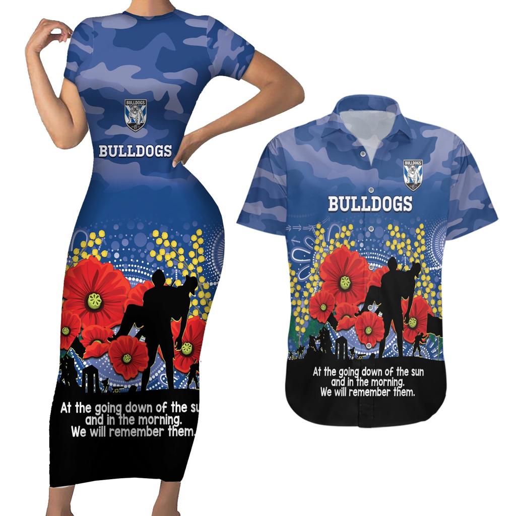 Custom Bulldogs Football ANZAC Couples Matching Short Sleeve Bodycon Dress and Hawaiian Shirt Gallipoli Camouflage With Poppies
