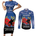 Custom Bulldogs Football ANZAC Couples Matching Short Sleeve Bodycon Dress and Long Sleeve Button Shirt Gallipoli Camouflage With Poppies