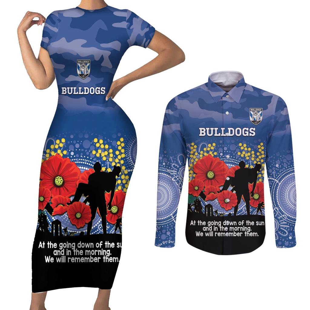 Custom Bulldogs Football ANZAC Couples Matching Short Sleeve Bodycon Dress and Long Sleeve Button Shirt Gallipoli Camouflage With Poppies