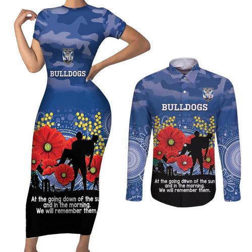 Custom Bulldogs Football ANZAC Couples Matching Short Sleeve Bodycon Dress and Long Sleeve Button Shirt Gallipoli Camouflage With Poppies