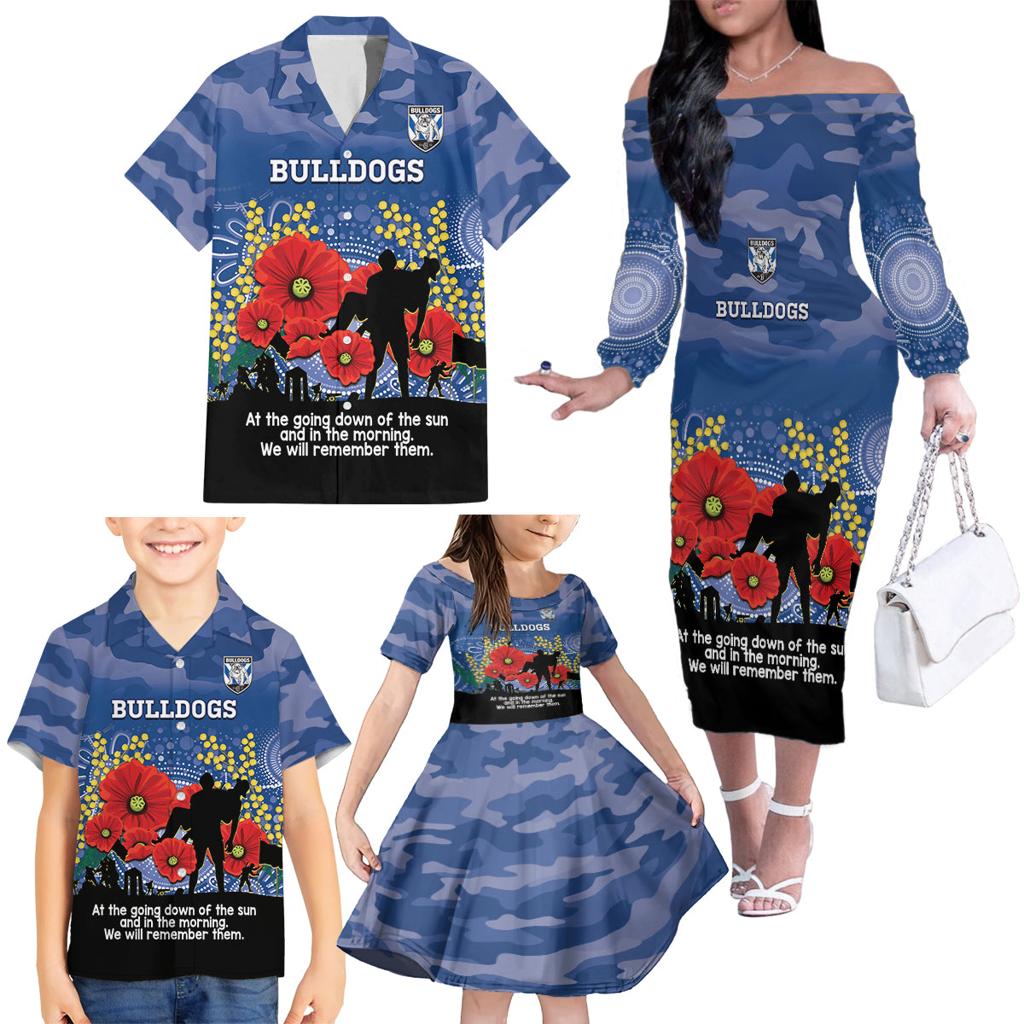 Custom Bulldogs Football ANZAC Family Matching Off Shoulder Long Sleeve Dress and Hawaiian Shirt Gallipoli Camouflage With Poppies