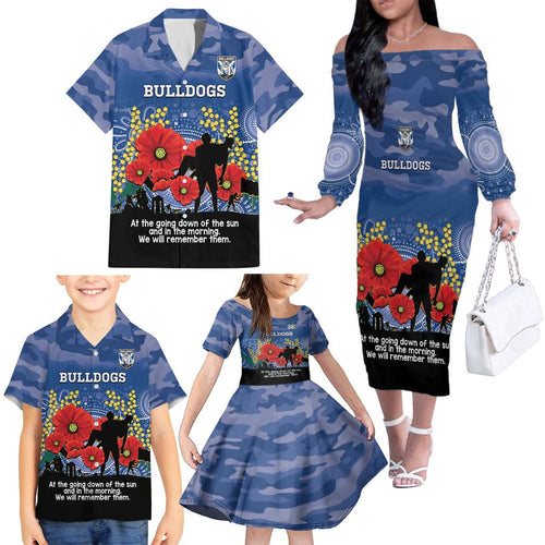 Custom Bulldogs Football ANZAC Family Matching Off Shoulder Long Sleeve Dress and Hawaiian Shirt Gallipoli Camouflage With Poppies