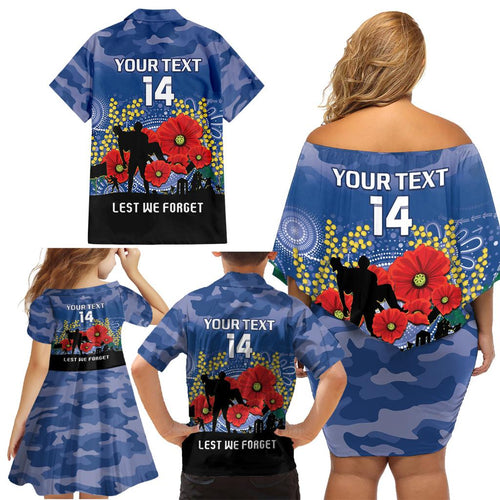Custom Bulldogs Football ANZAC Family Matching Off Shoulder Short Dress and Hawaiian Shirt Gallipoli Camouflage With Poppies