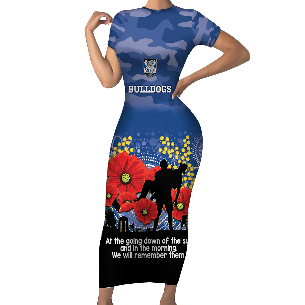 Custom Bulldogs Football ANZAC Short Sleeve Bodycon Dress Gallipoli Camouflage With Poppies