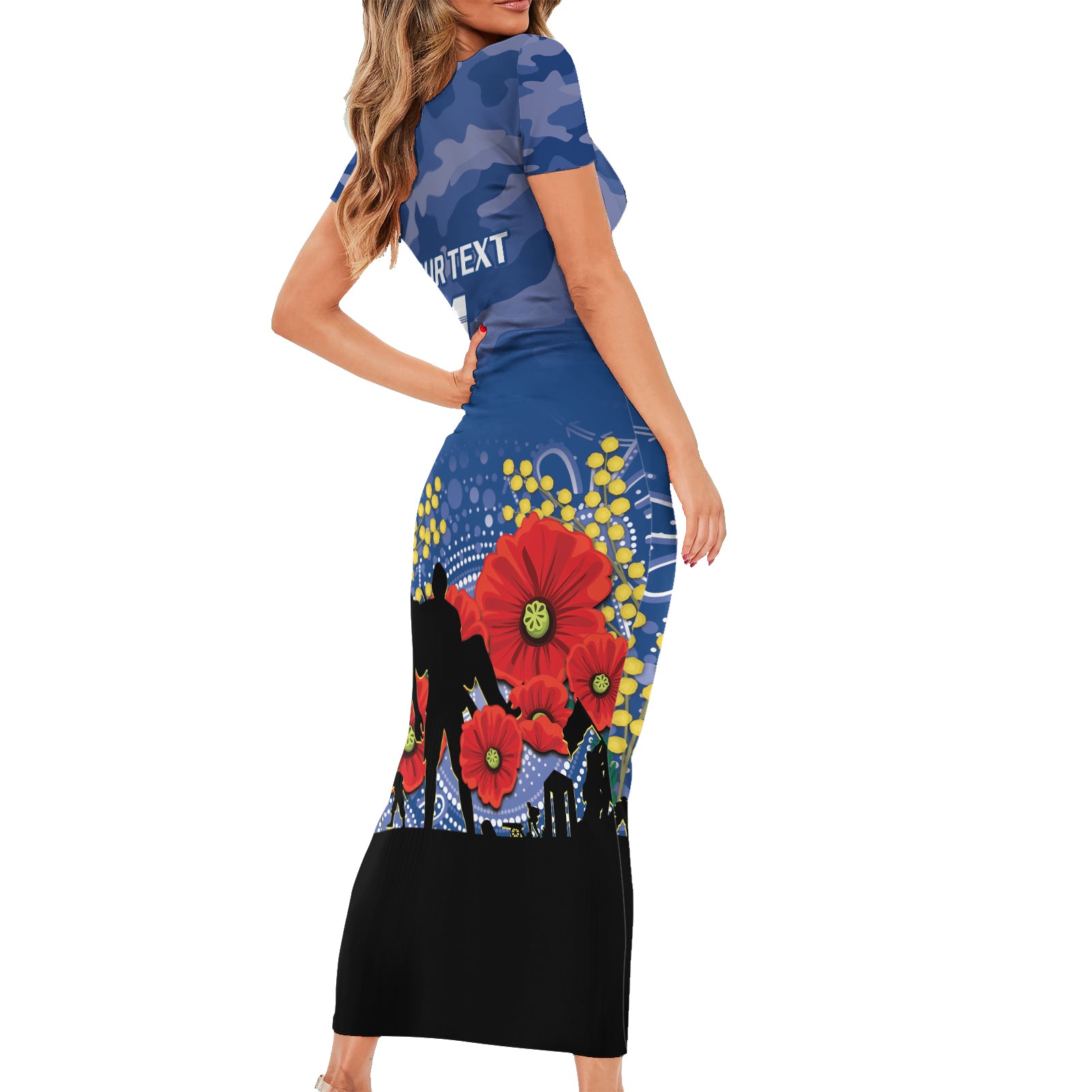 Custom Bulldogs Football ANZAC Short Sleeve Bodycon Dress Gallipoli Camouflage With Poppies