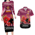 Custom Lions Football ANZAC Couples Matching Long Sleeve Bodycon Dress and Hawaiian Shirt Gallipoli Camouflage With Poppies