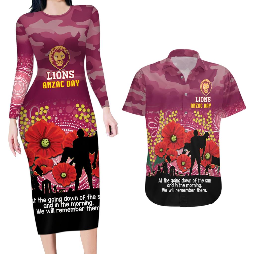 Custom Lions Football ANZAC Couples Matching Long Sleeve Bodycon Dress and Hawaiian Shirt Gallipoli Camouflage With Poppies