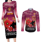 Custom Lions Football ANZAC Couples Matching Long Sleeve Bodycon Dress and Long Sleeve Button Shirt Gallipoli Camouflage With Poppies
