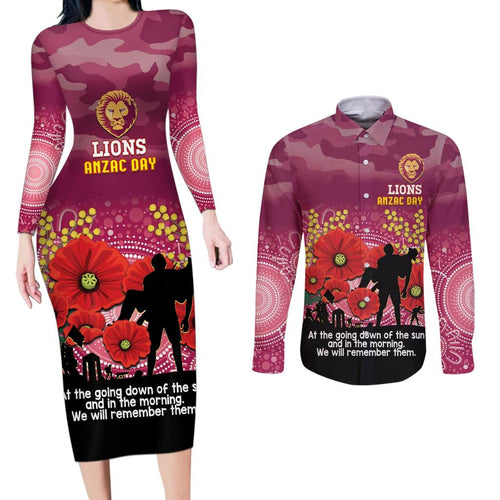 Custom Lions Football ANZAC Couples Matching Long Sleeve Bodycon Dress and Long Sleeve Button Shirt Gallipoli Camouflage With Poppies