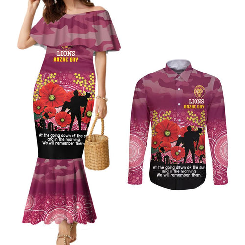 Custom Lions Football ANZAC Couples Matching Mermaid Dress and Long Sleeve Button Shirt Gallipoli Camouflage With Poppies
