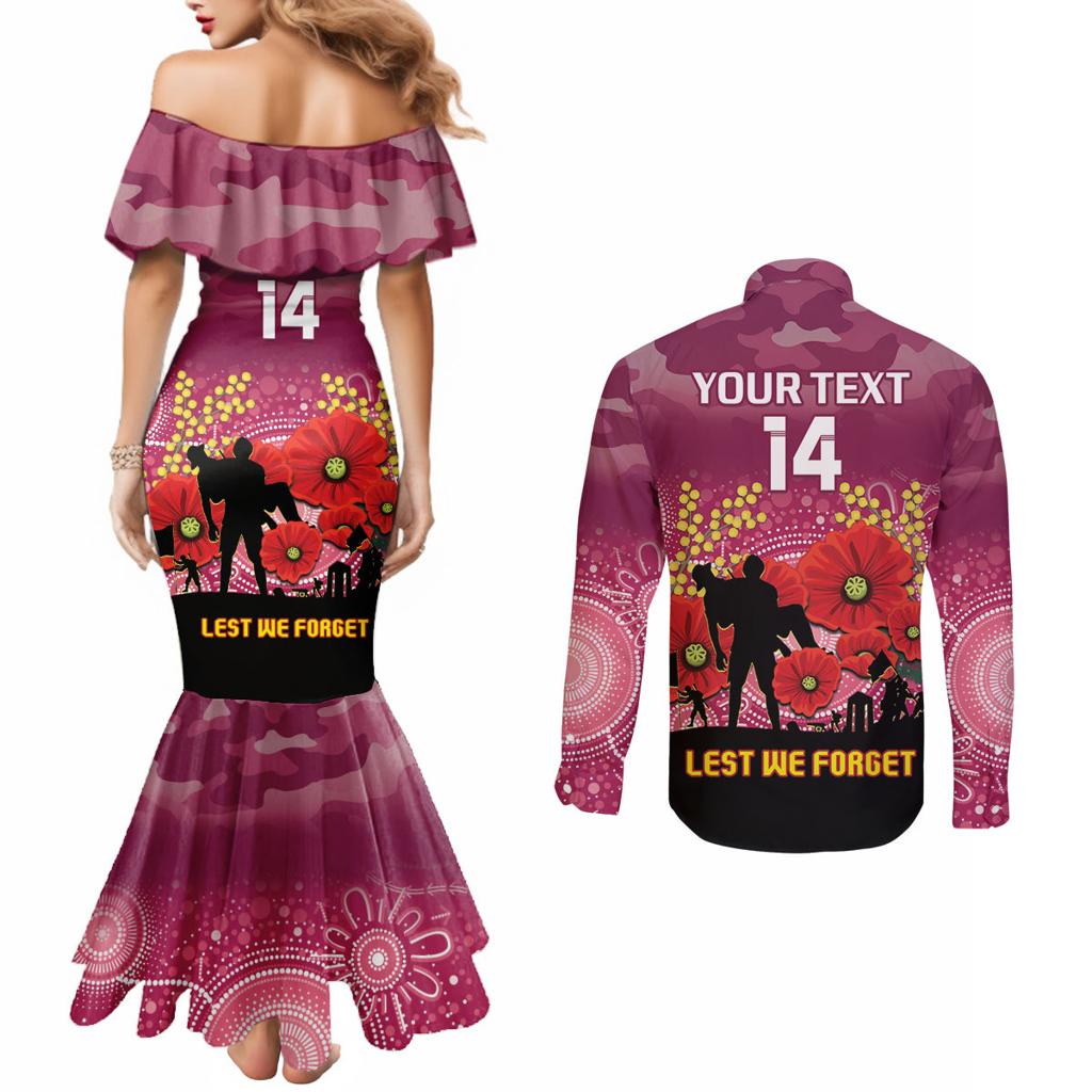 Custom Lions Football ANZAC Couples Matching Mermaid Dress and Long Sleeve Button Shirt Gallipoli Camouflage With Poppies