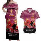 Custom Lions Football ANZAC Couples Matching Off Shoulder Maxi Dress and Hawaiian Shirt Gallipoli Camouflage With Poppies