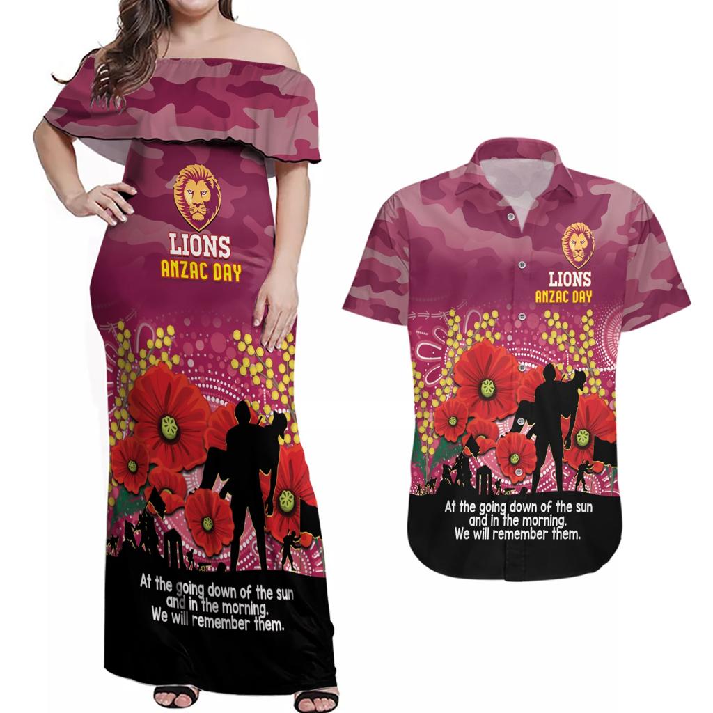 Custom Lions Football ANZAC Couples Matching Off Shoulder Maxi Dress and Hawaiian Shirt Gallipoli Camouflage With Poppies