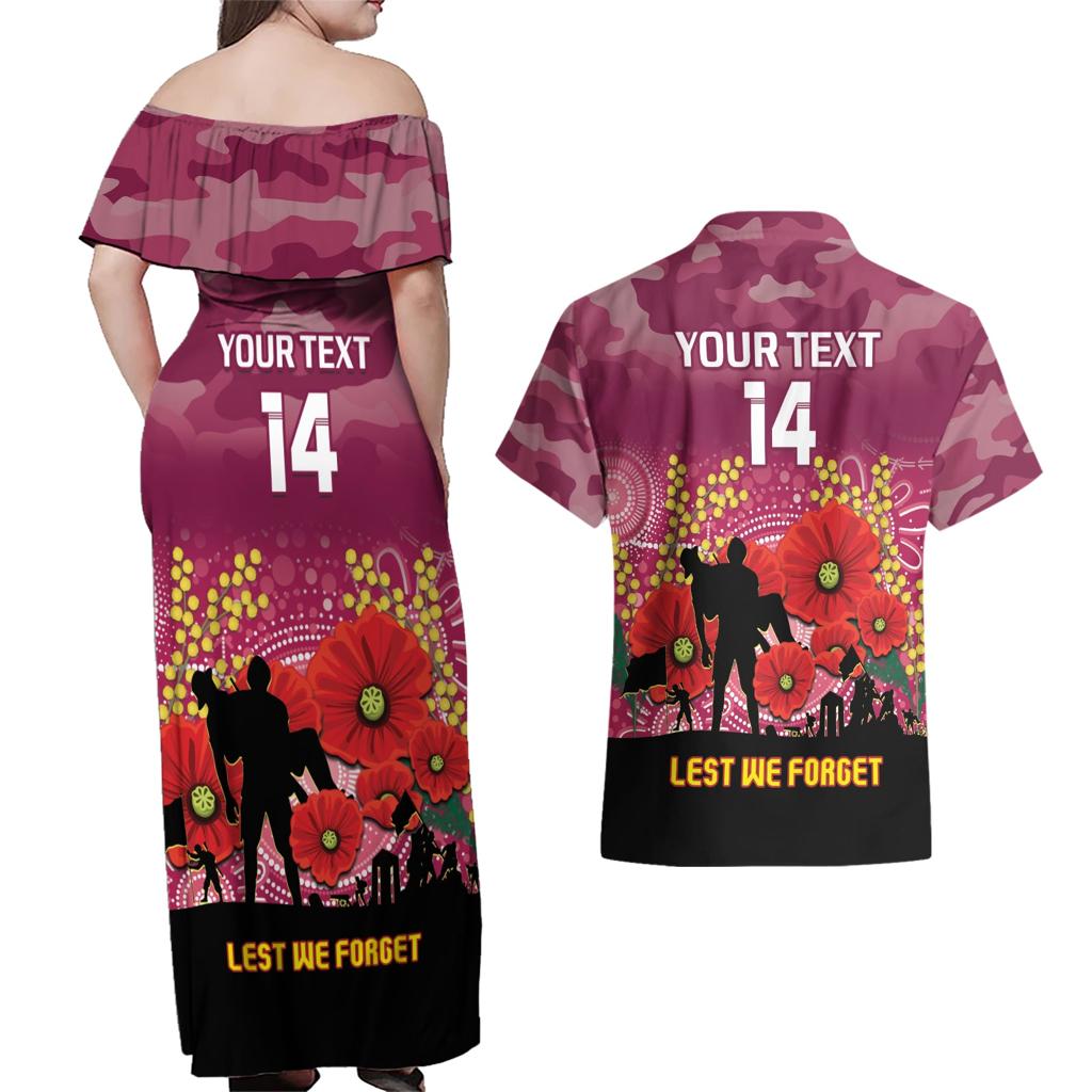 Custom Lions Football ANZAC Couples Matching Off Shoulder Maxi Dress and Hawaiian Shirt Gallipoli Camouflage With Poppies